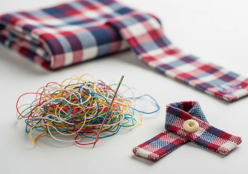 Igła w splątanych niciach, obok kraciasty materiał i uszyta z niego miniaturowa pętla z guzikiem.