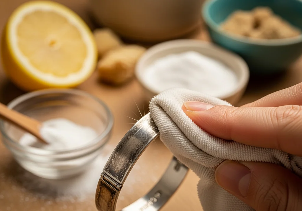 Polerowanie srebrnej bransoletki domowymi sposobami: ręka ze ściereczką, lśniąca biżuteria i składniki do czyszczenia.
