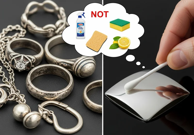 Błędne metody czyszczenia srebrnej biżuterii: NIE używaj płynów, gąbek ani cytryny do matowego srebra.