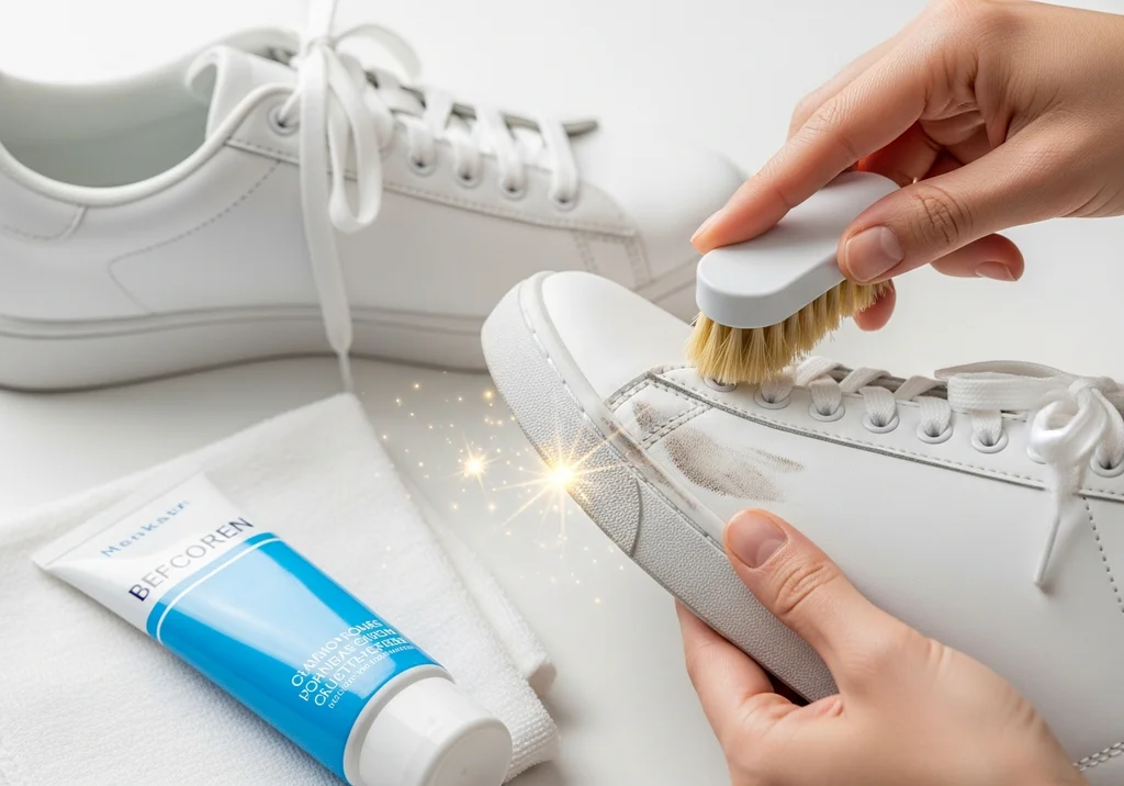 Ręce szorują białe buty ze śladami brudu szczotką i pastą. Obok czysty but i tuba kremu Befcoren, efekty blasku.