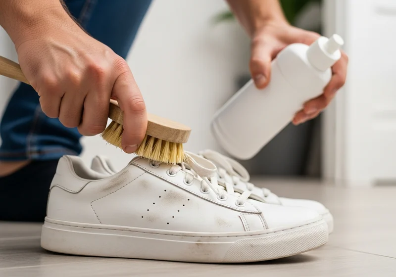 Ręce szorujące zabrudzone białe sneakersy szczotką i płynem do czyszczenia.