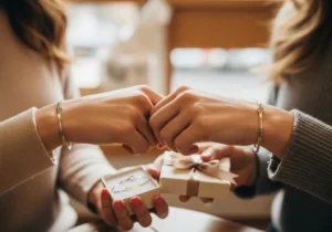 Przyjaciółki prezentują grawerowane bransoletki i podarunki, celebrując wspólną więź.