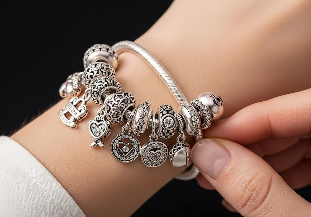 Srebrna bransoletka modułowa z licznymi, ozdobnymi charmsami, w tym sercami i koroną, na kobiecym nadgarstku.