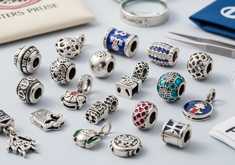 Zbiór misternych srebrnych i barwnych charmsów do bransoletki, z lupą i pęsetą w tle.