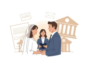 Ślub cywilny: para młoda z urzędniczką, otoczeni dokumentami i budynkami instytucji.