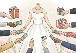 Wiele rąk wręcza pieniądze i prezenty pannie młodej w sukni ślubnej.