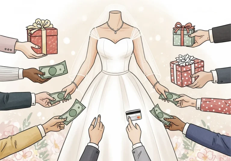 Wiele rąk wręcza pieniądze i prezenty pannie młodej w sukni ślubnej.