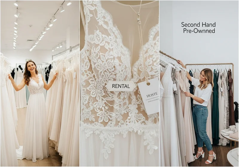 Szczęśliwa kobieta w sukni ślubnej i inna przeglądająca suknie; widoczne napisy: RENTAL, Second Hand, Pre-Owned.