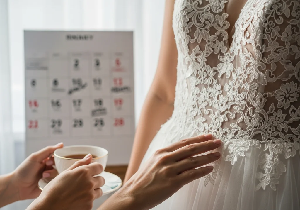 Dłonie dopasowujące koronkową suknię ślubną, w tle rozmazany kalendarz i filiżanka herbaty.