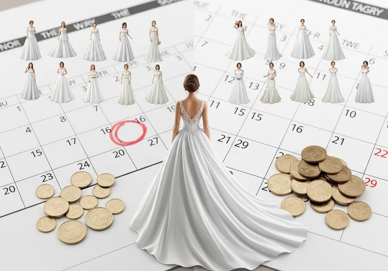 Panna młoda, kalendarz z zakreśloną datą, wiele sukien ślubnych i monety – czas i koszt zamówienia sukni.