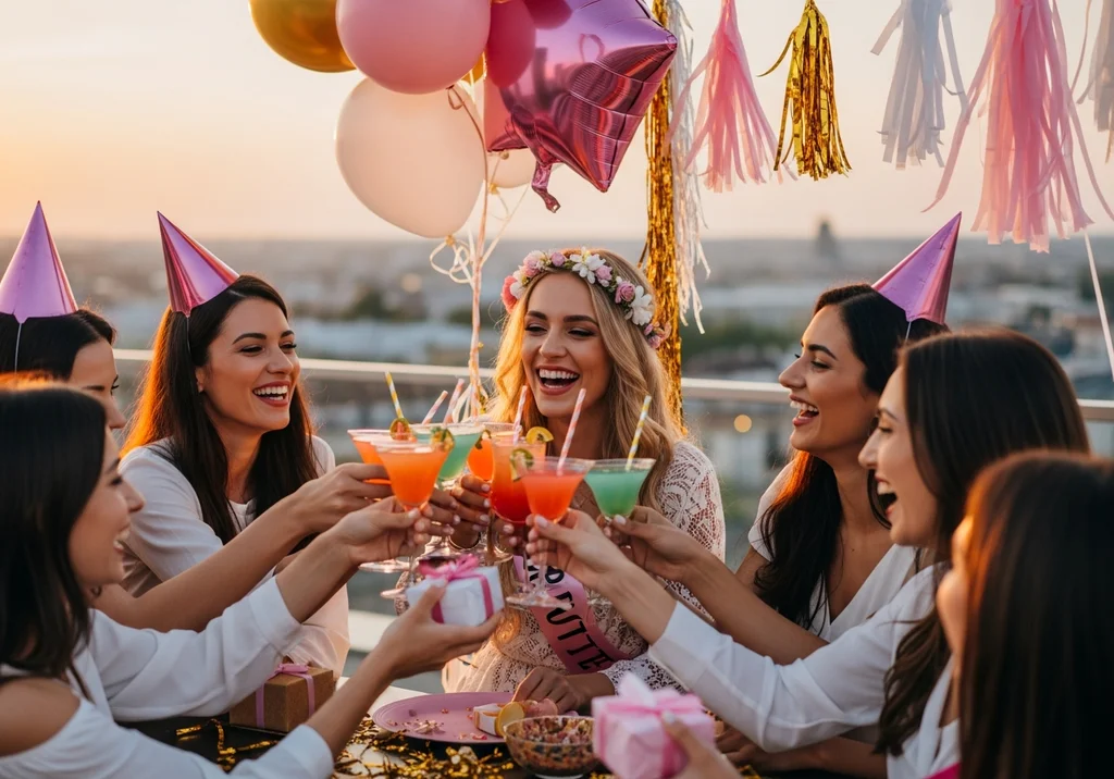 Grupa przyjaciółek wznosi toasty na radosnym wieczorze panieńskim na dachu.