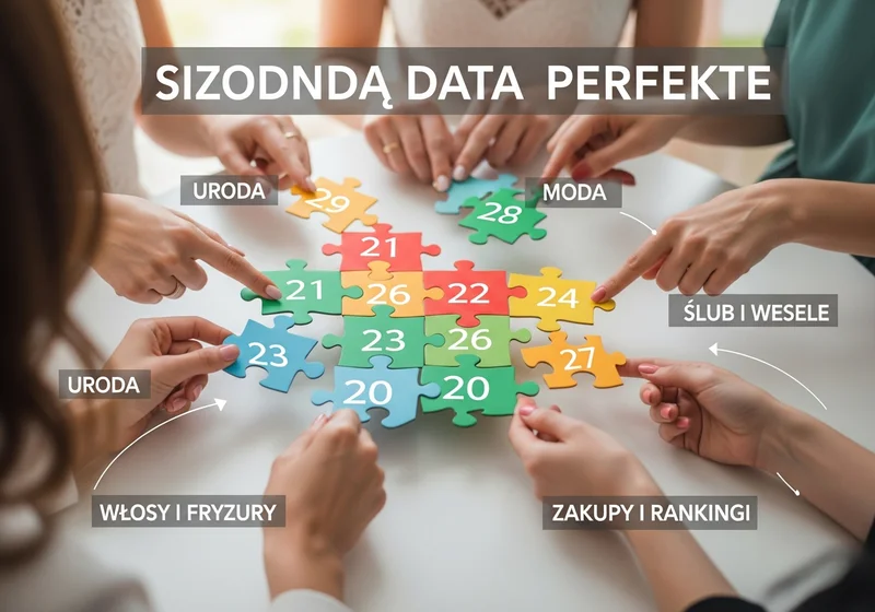 Ręce układające puzzle z datami i etykietami (uroda, moda, ślub), symbolizujące wybór idealnego terminu.