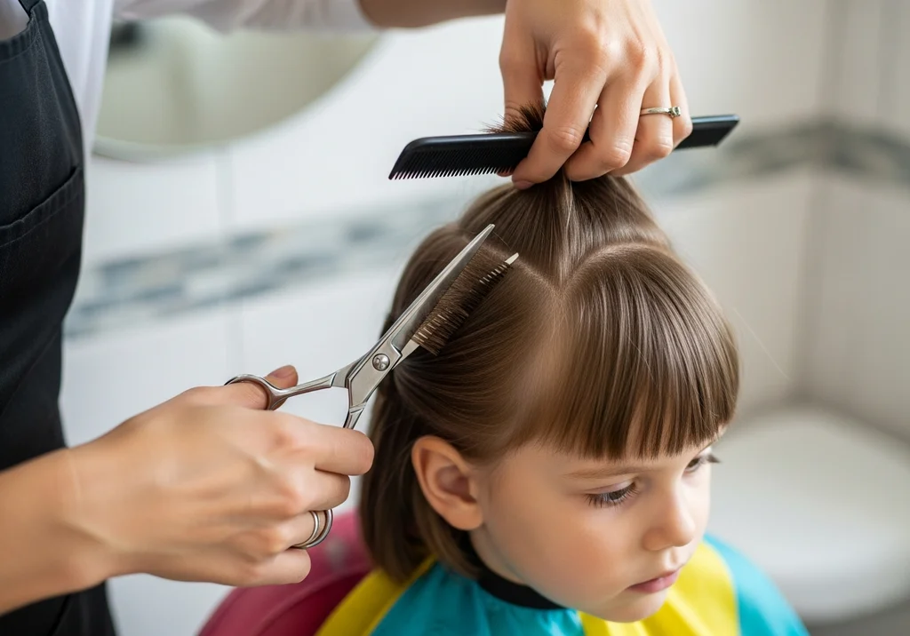 Fryzjer trzymający grzebień i nożyczki podczas precyzyjnego strzyżenia włosów dziecka na fryzurę typu „pieczarka”.
