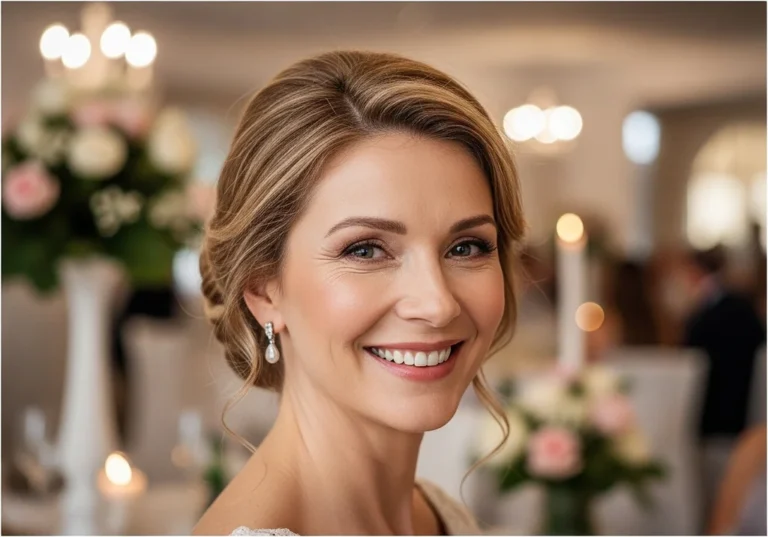 Elegancka kobieta z promiennym uśmiechem w lekko upiętych włosach z wypuszczonymi pasmami, idealnych dla mamy weselnej.
