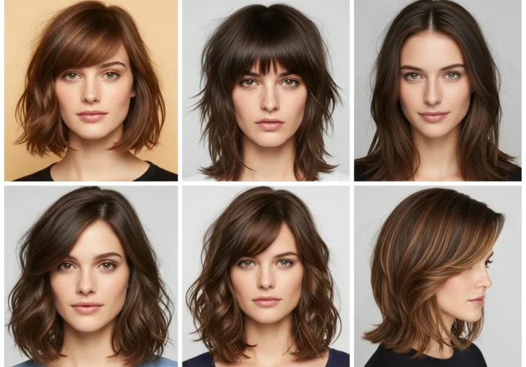 Kolaż fryzur z grzywkami i teksturą po bokach, optycznie skracających i zaokrąglających pociągłą, szczupłą twarz.