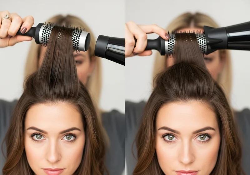 Modelowanie pasma włosów u nasady przy użyciu okrągłej szczotki i suszarki dla uzyskania efektu uniesienia fryzury.