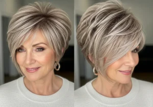 Kobieta w krótkiej, cieniowanej fryzurze typu bob z asymetryczną grzywką w odcieniach chłodnego blondu i szarości.