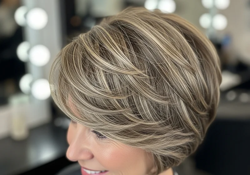 Krótka, wielowarstwowa fryzura z koloryzacją 3D w odcieniach blondu i brązu, optycznie zwiększająca objętość włosów.