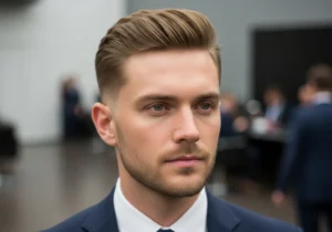 Mężczyzna z fryzurą typu fade i objętością na czubku, która optycznie wysmukla twarz o mocno zarysowanej szczęce.