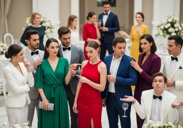 Grupa elegancko ubranych osób na weselu, zwracająca uwagę na stroje gości w kontekście przestrzegania zasad dress code'u.