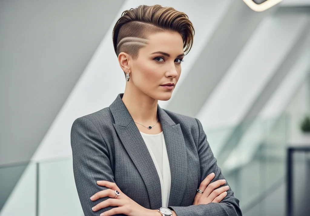 Kobieta w szarej marynarce z modną, profesjonalnie wystylizowaną fryzurą z wygolonymi bokami i wzorem.