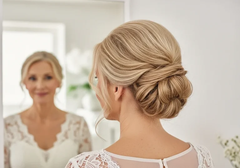 Kobieta w białej sukni z eleganckim, luźnym upięciem włosów dodającym objętości, odbita w lustrze.