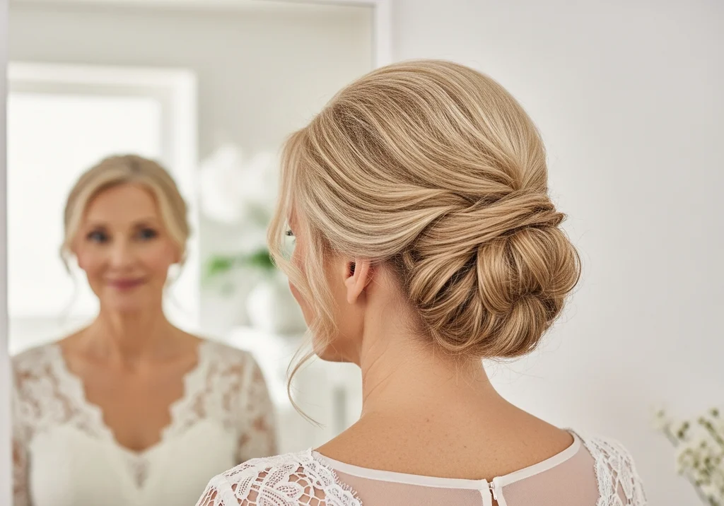 Kobieta w białej sukni z eleganckim, luźnym upięciem włosów dodającym objętości, odbita w lustrze.