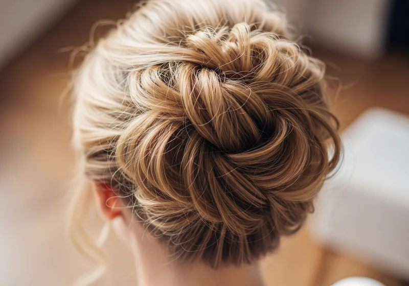 Elegancki kok z blond włosów, starannie upięty w sposób zapewniający trwałość i lekkość fryzury.