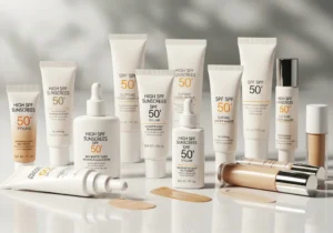Kolekcja kremów przeciwsłonecznych SPF 50 o lekkich formułach oraz podkłady na białym tle, idealne jako baza pod makijaż.