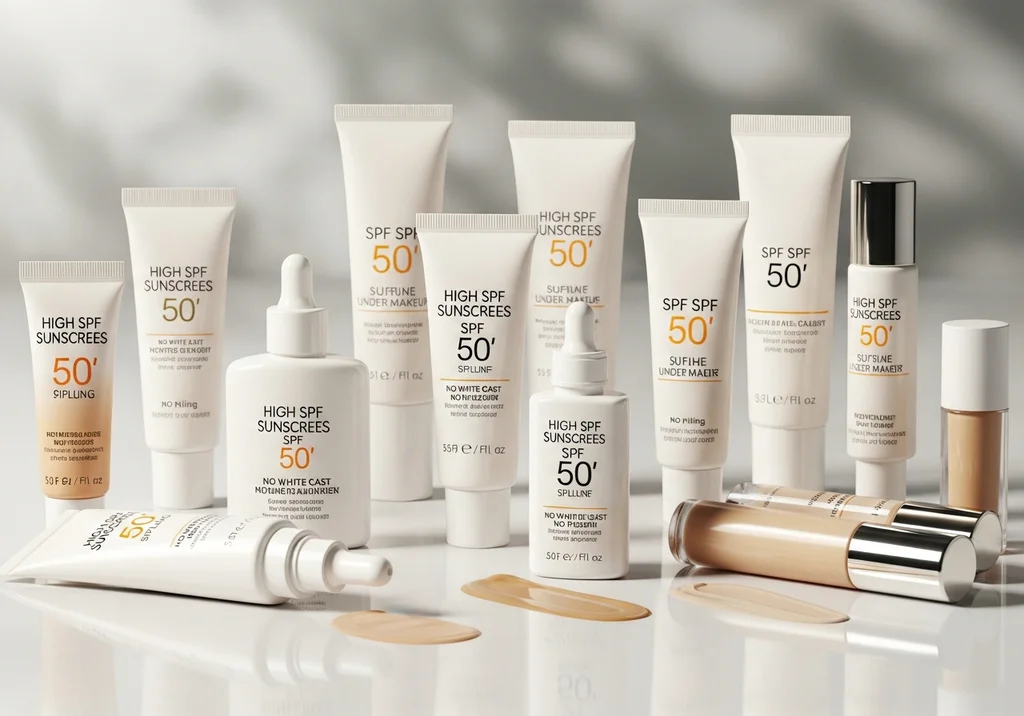 Kolekcja kremów przeciwsłonecznych SPF 50 o lekkich formułach oraz podkłady na białym tle, idealne jako baza pod makijaż.
