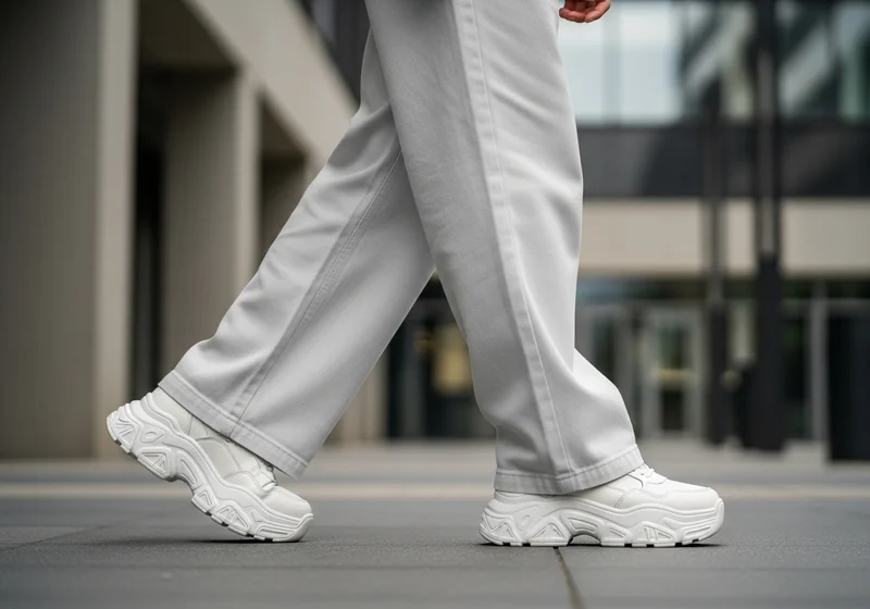 Białe, masywne sneakersy z grubą podeszwą zestawione z szerokimi, jasnymi spodniami typu wide leg.