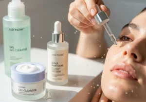 Kobieta aplikuje serum na twarz w otoczeniu produktów do pielęgnacji cery, podkreślając nawilżający krok porannej rutyny.