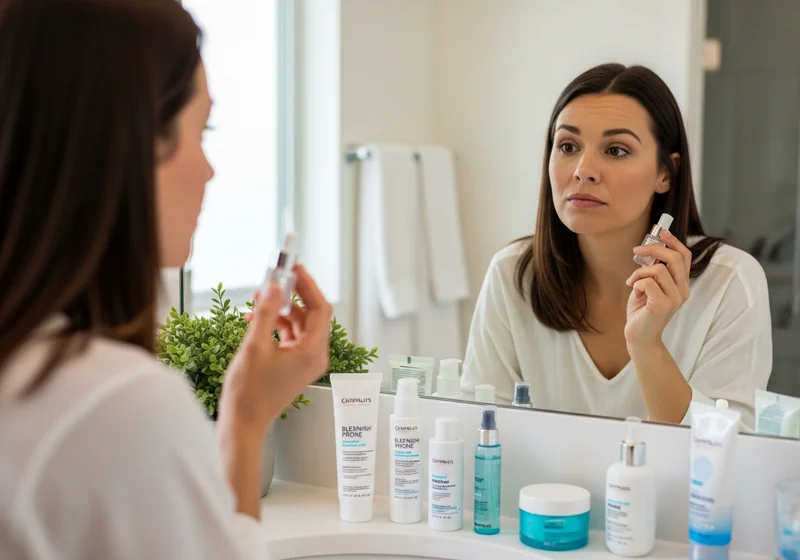 Kobieta przed lustrem trzymająca serum, z zestawem produktów do pielęgnacji cery trądzikowej na półce.