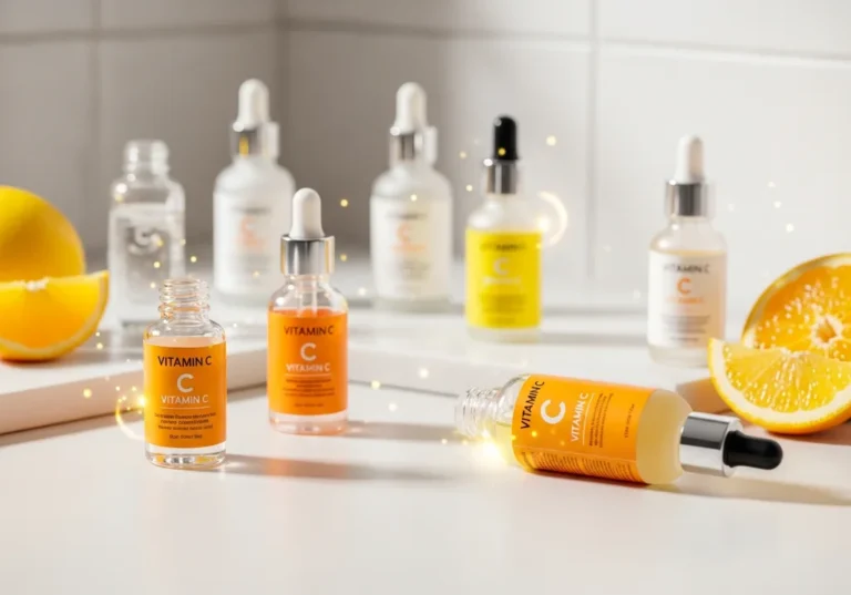 Szklane buteleczki serum z witaminą C oraz świeże plastry pomarańczy na białym tle, symbolizujące rozświetlającą pielęgnację.