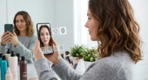 Kobieta skanuje twarz aplikacją w telefonie, która analizuje jej rysy i wskazuje owalny kształt.
