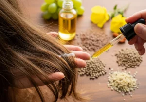 Dłoń nakłada olejek z pipety na pasmo włosów; w tle widoczne nasiona i owoce użyte do produkcji naturalnych olejów.