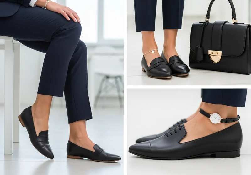 Kobieta w eleganckich spodniach i wygodnych płaskich mokasynach – przykład stylizacji smart casual do biura.