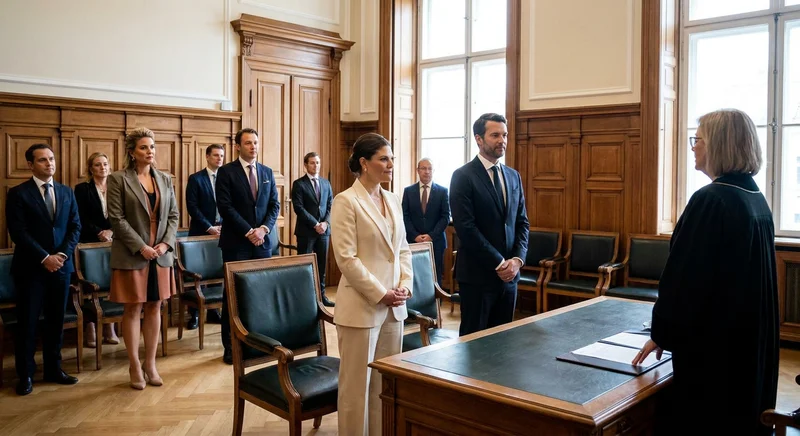 Kobieta w eleganckim, jasnym garniturze i mężczyzna w garniturze stoją przed urzędniczką w sali ślubów.