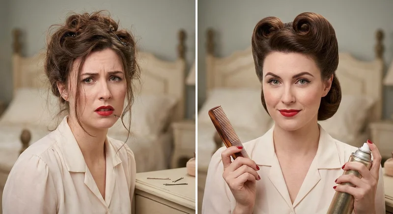 Porównanie nieudanej, potarganej fryzury retro z perfekcyjnie ułożonym, gładkim upięciem w stylu lat 40.