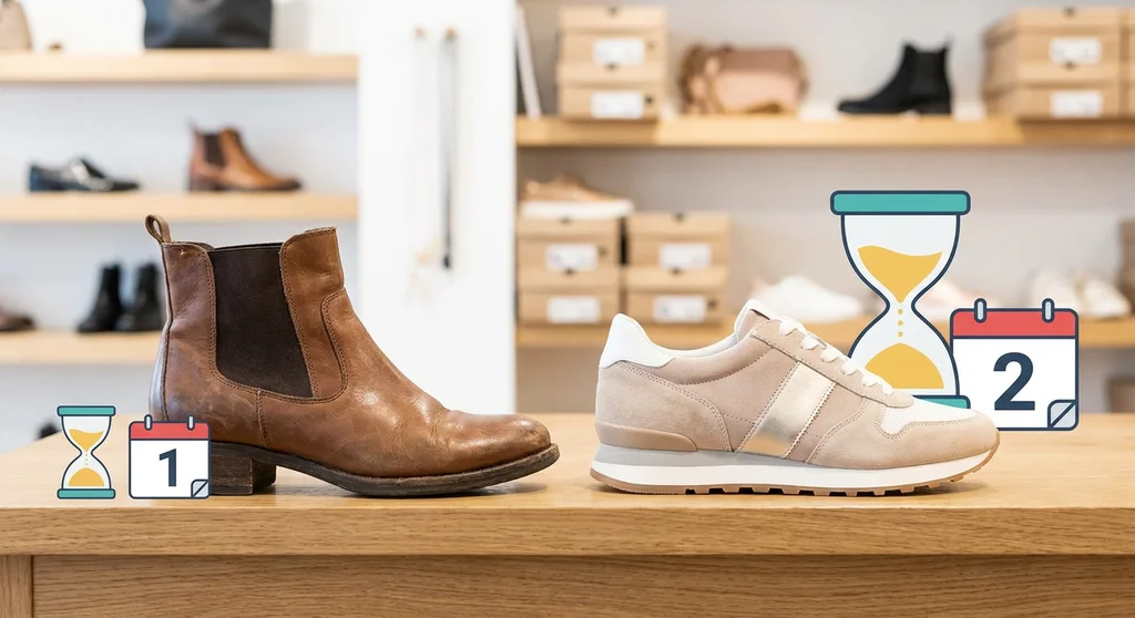 Brązowy but skórzany obok kalendarza z cyfrą 1 i jasny sneaker obok kalendarza z cyfrą 2.