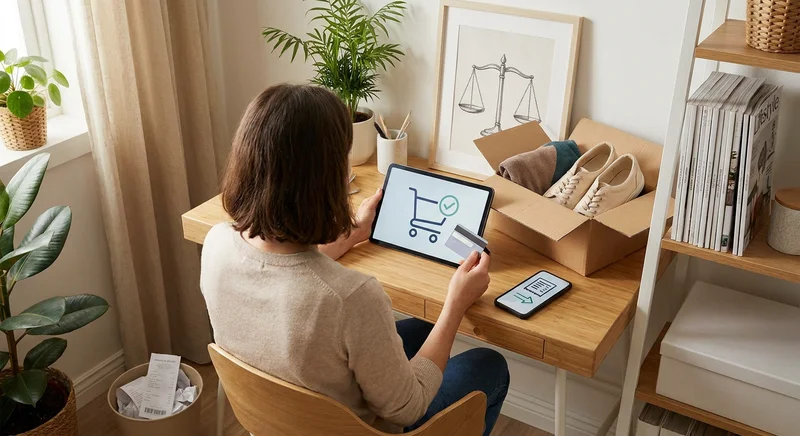 Kobieta płaci kartą za buty kupione online. Obok na biurku stoi karton z obuwiem oraz kosz z wyrzuconymi paragonami.