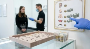 Ręka w niebieskiej rękawiczce wskazuje graficzny cennik piercingu. Obok leży tacka z kolczykami i pudełko z gotówką.