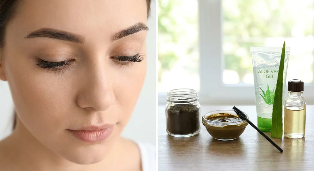 Kobieta z ciemnymi rzęsami oraz naturalne kosmetyki: henna, żel aloesowy, olejek i szczoteczka.