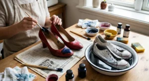 Malowanie pędzlem czerwonych szpilek oraz farbowanie materiałowych sneakersów w misce z ciemnym barwnikiem.