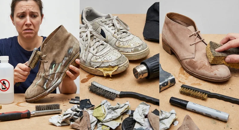 Zniszczone buty zamszowe i sneakersy wskutek użycia niewłaściwych metod czyszczenia i renowacji.