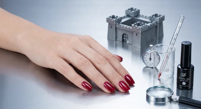 Dłoń z czerwonym manicure obok miniaturowego zamku, stopera, termometru i butelki lakieru hybrydowego.