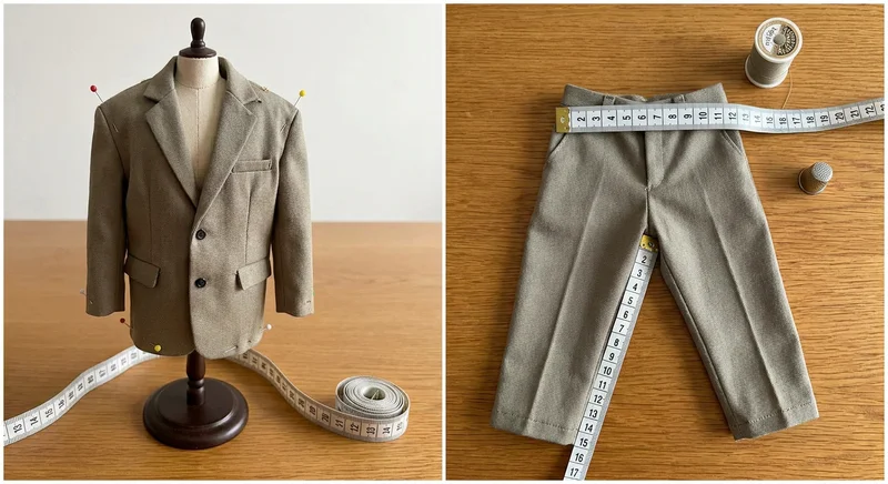 Miniaturowa marynarka na manekinie krawieckim oraz spodnie mierzone centymetrem.