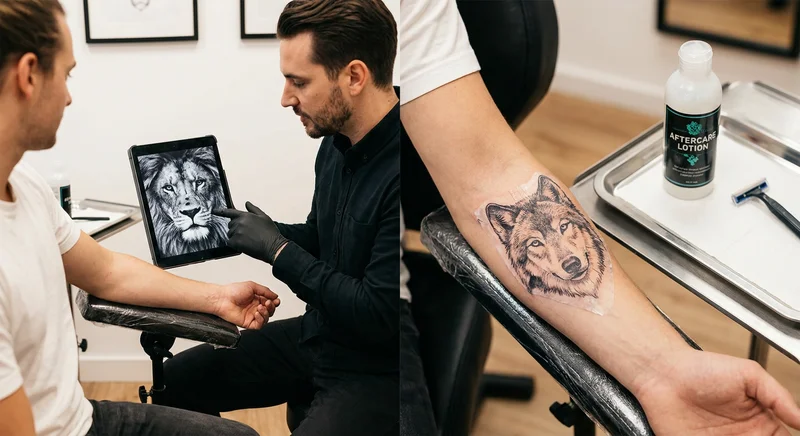Tatuator omawiający projekt lwa na tablecie i zbliżenie na tatuaż wilka na przedramieniu.