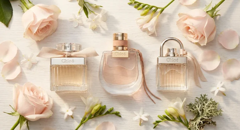 Flakony perfum Chloé Eau de Parfum, Nomade i Love Story w otoczeniu różowych róż i białych kwiatów na jasnym tle.