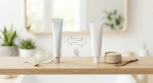 Porównanie konsystencji maści na blizny: lekki żel w srebrnej tubce kontra gęsty krem w białej tubce.